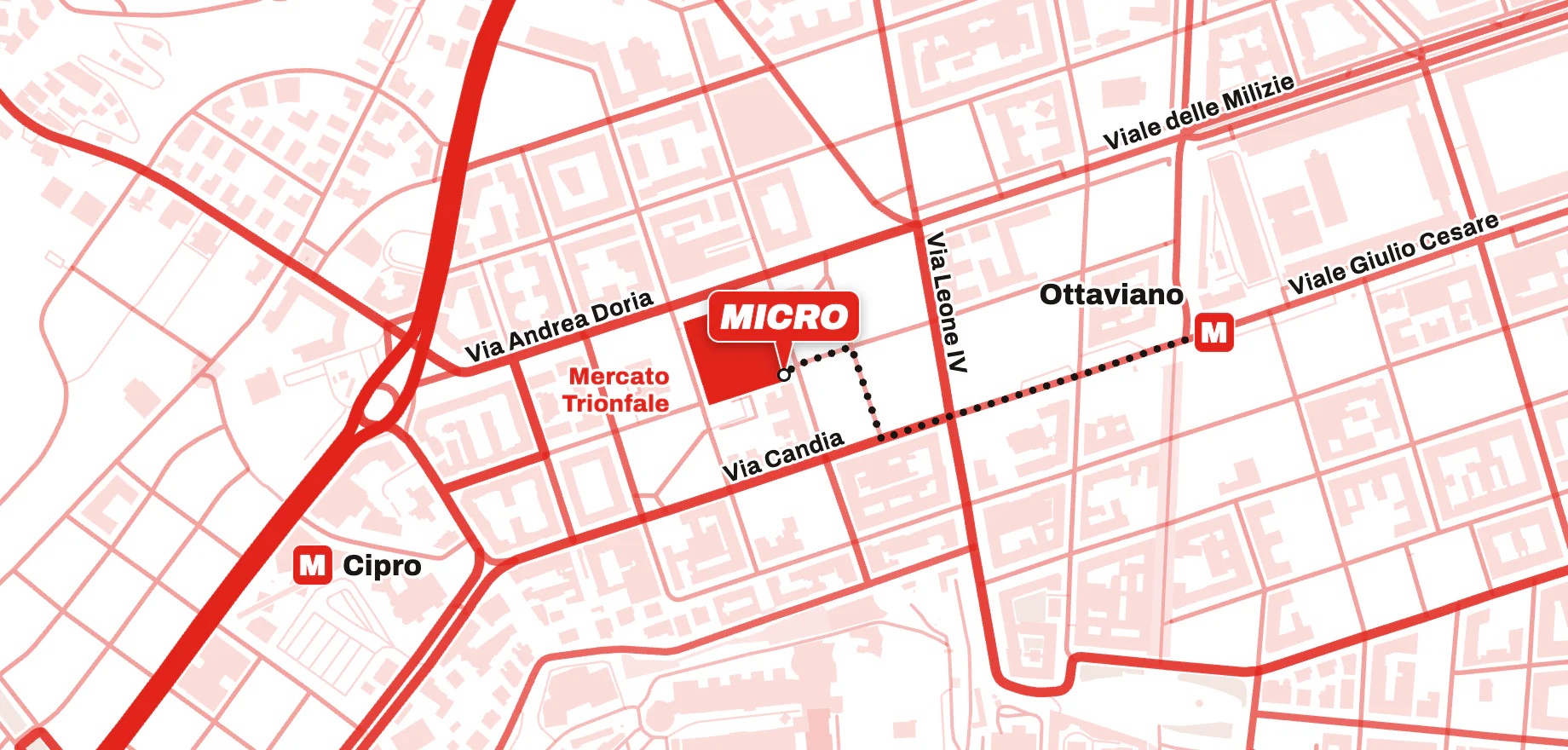 Mappa del quartiere: MICRO Trattoria è nel Mercato Trionfale, tra Via Andrea Doria e Via Candia. Dalla metro Ottaviano si arriva a piedi lungo Viale Giulio Cesare e Via Santamaura.