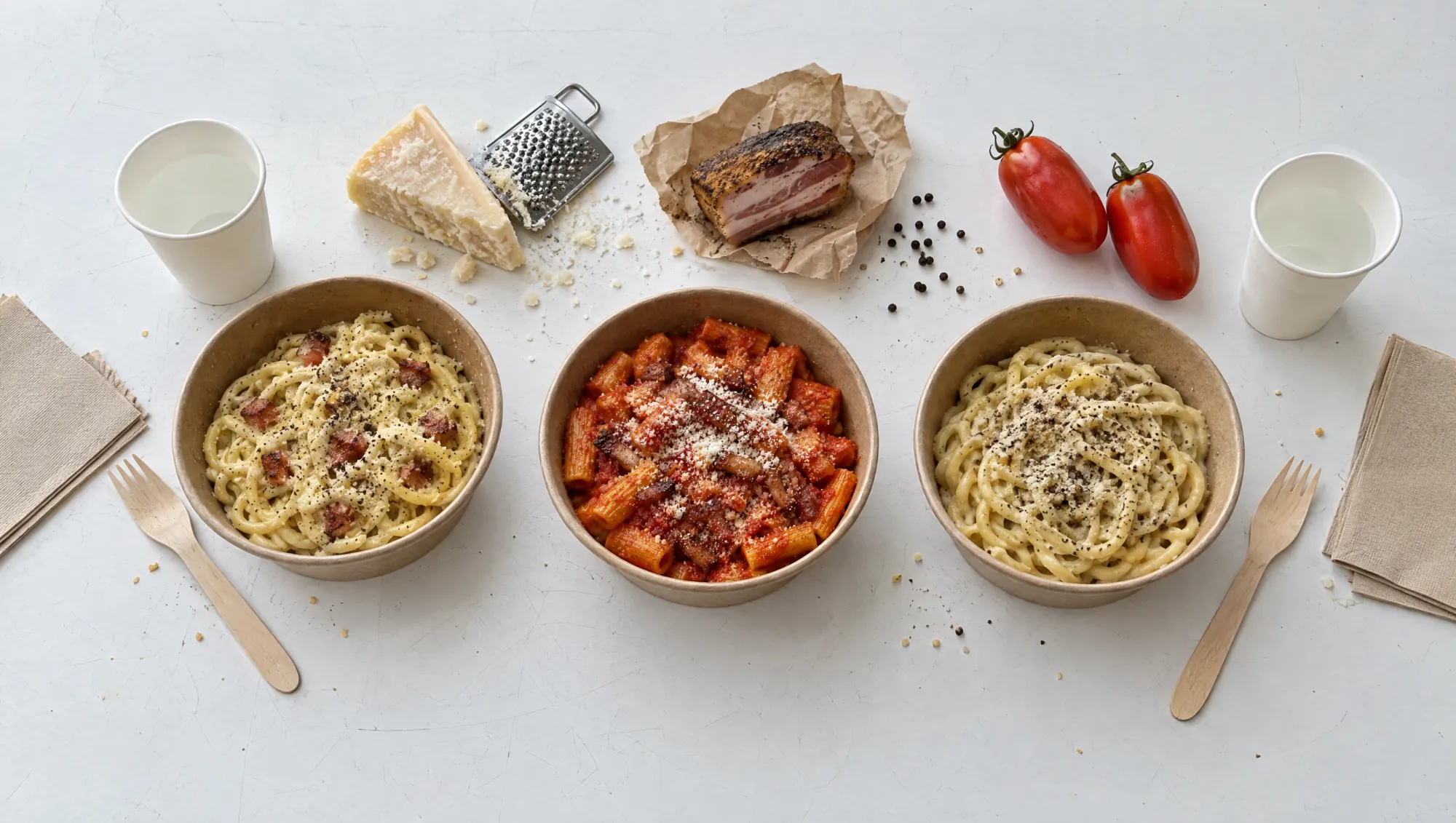 Tre ciotole di pasta viste dall'alto: carbonara, amatriciana, cacio e pepe